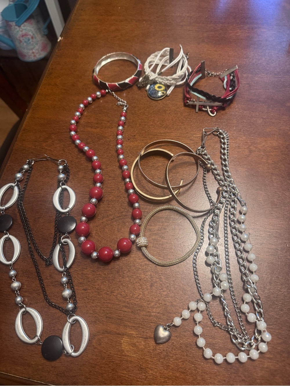 Source Unknown Red Beaded Necklace with Silver Accents